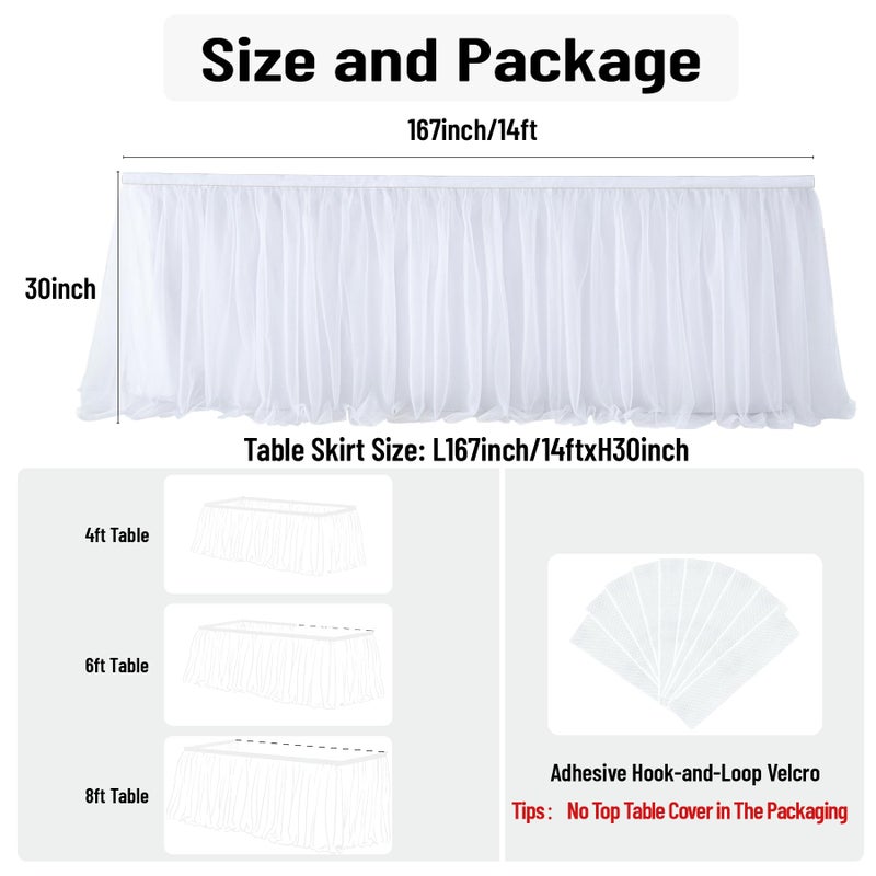 NSSONBEN 167in White Tulle Table Skirts for Rectangle Tables 6ft 8ft, 2-Layer Gold Grim Ruffle Tulle Tutu Cloth Table Skirt 14ft Long for Wedding Birthday Party Baby Shower Cake Dessert Tables(No Table Cover) - Image 5